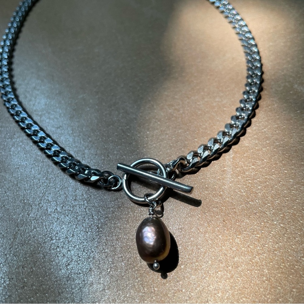 Blue freshwater pearl silver curb chain toggle clasp necklace choker stainless - Picture 5 of 8